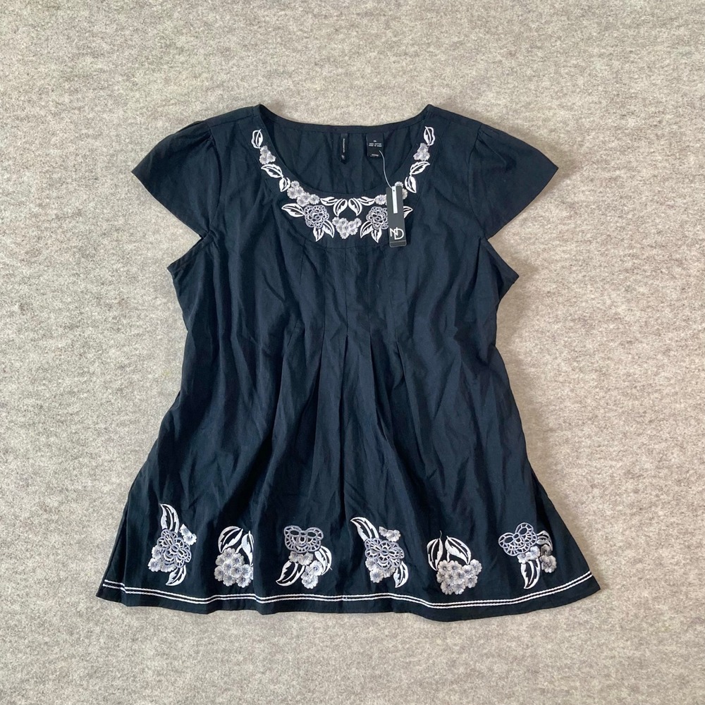 Black Embroidered Floral Cap Sleeve Peasant Top New Directions XL Boho Cottage